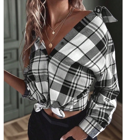 Plus classic Peach Mix Plaid Print Button Down Boyfriend Long Sleeve Shirt - Picture 5 of 6